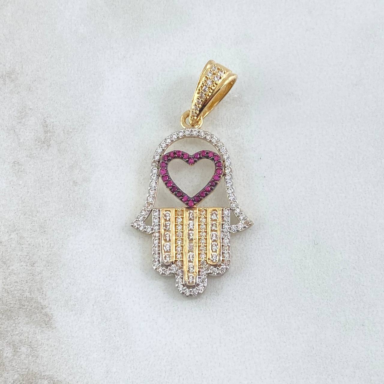 Pendant Hamsa Hand Heart 4.45gr / 4cm / White Fuchsia Zircons 18K Yellow Gold ©
