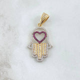 Pendant Hamsa Hand Heart 4.45gr / 4cm / White Fuchsia Zircons 18K Yellow Gold ©