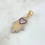 Pendant Hamsa Hand Heart 4.45gr / 4cm / White Fuchsia Zircons 18K Yellow Gold ©