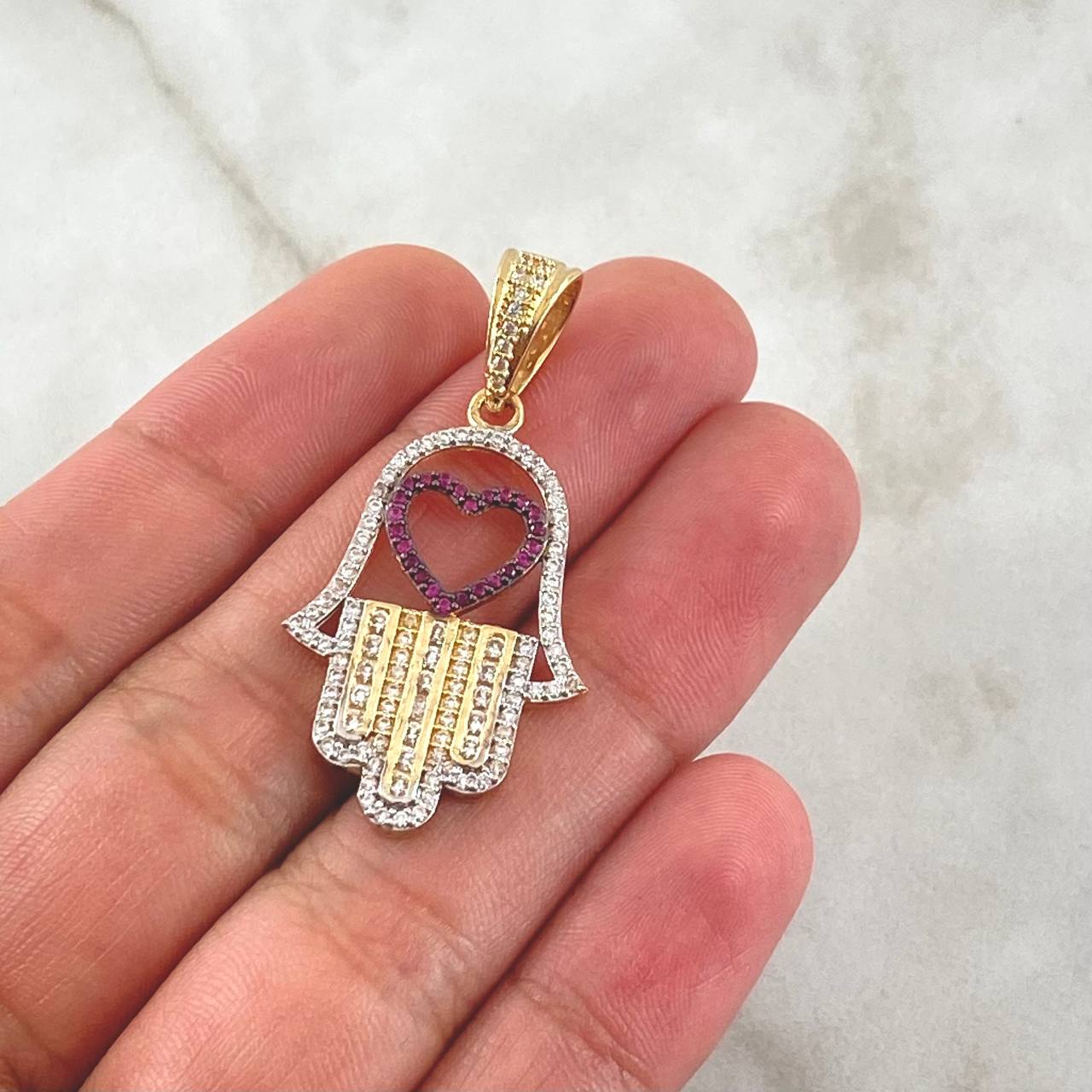 Pendant Hamsa Hand Heart 4.45gr / 4cm / White Fuchsia Zircons 18K Yellow Gold ©
