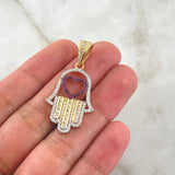Pendant Hamsa Hand Heart 4.45gr / 4cm / White Fuchsia Zircons 18K Yellow Gold ©