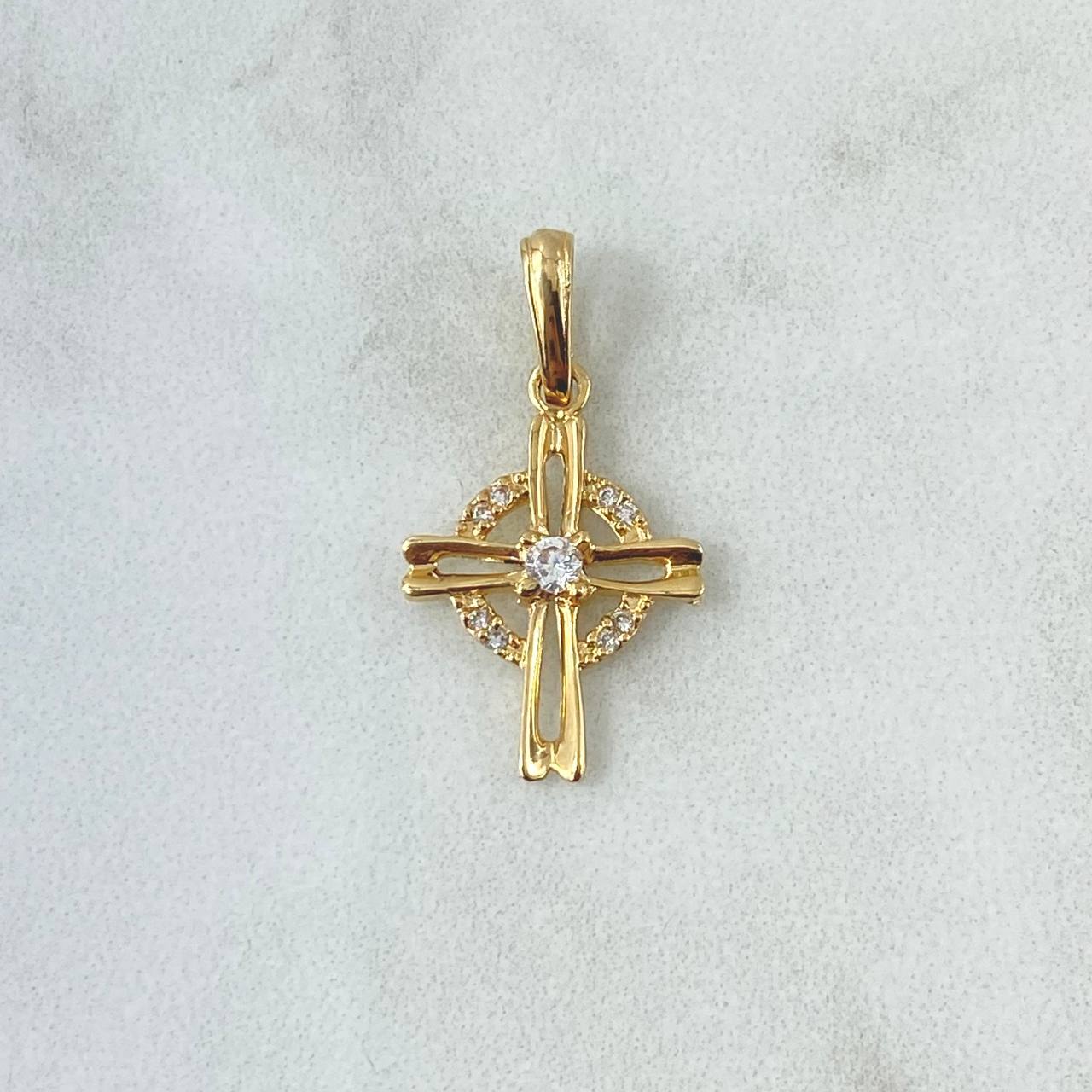 Dije Cruz Circular 1.2gr / 2.5cm / Circones Blancos Oro Amarillo 18K *