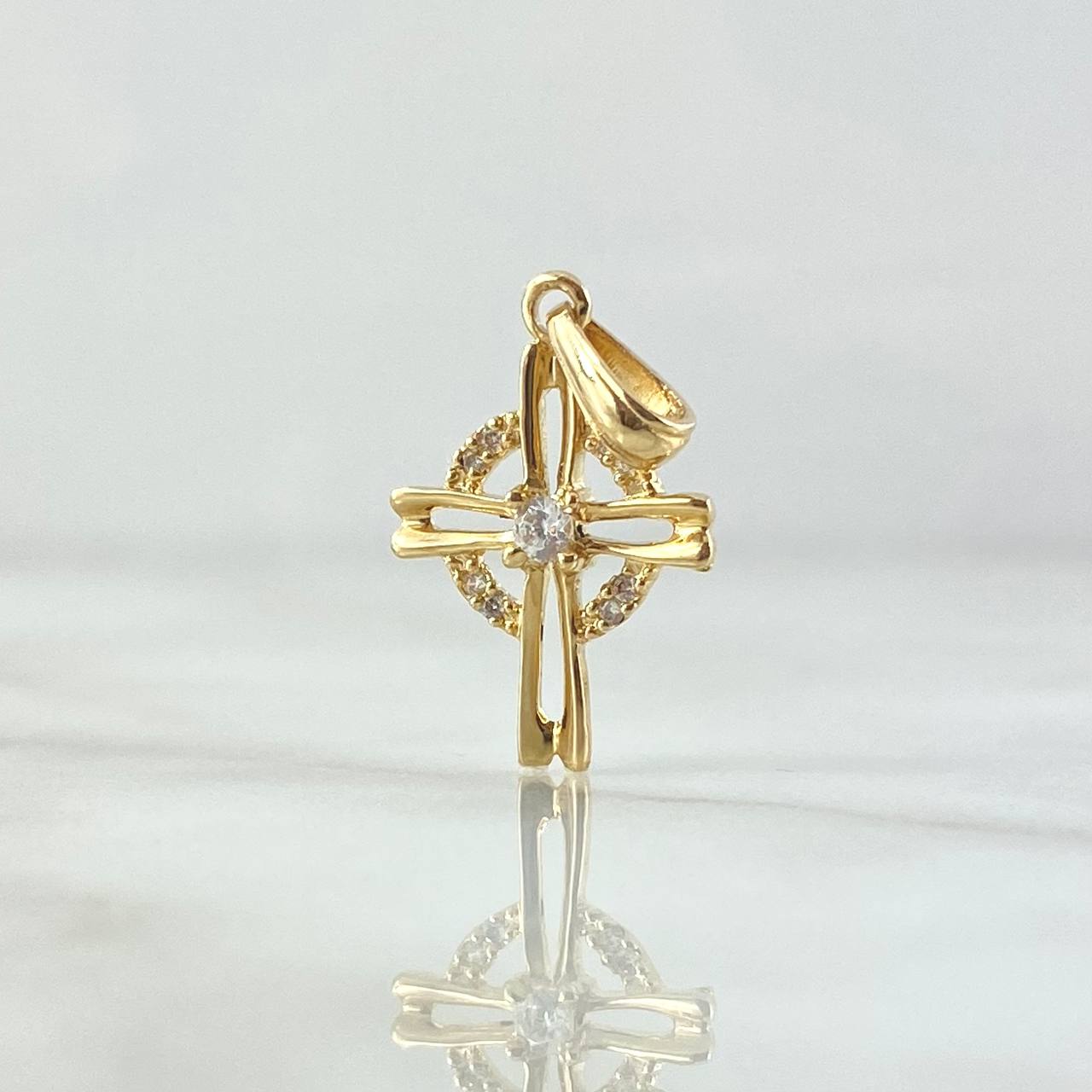 Dije Cruz Circular 1.2gr / 2.5cm / Circones Blancos Oro Amarillo 18K *