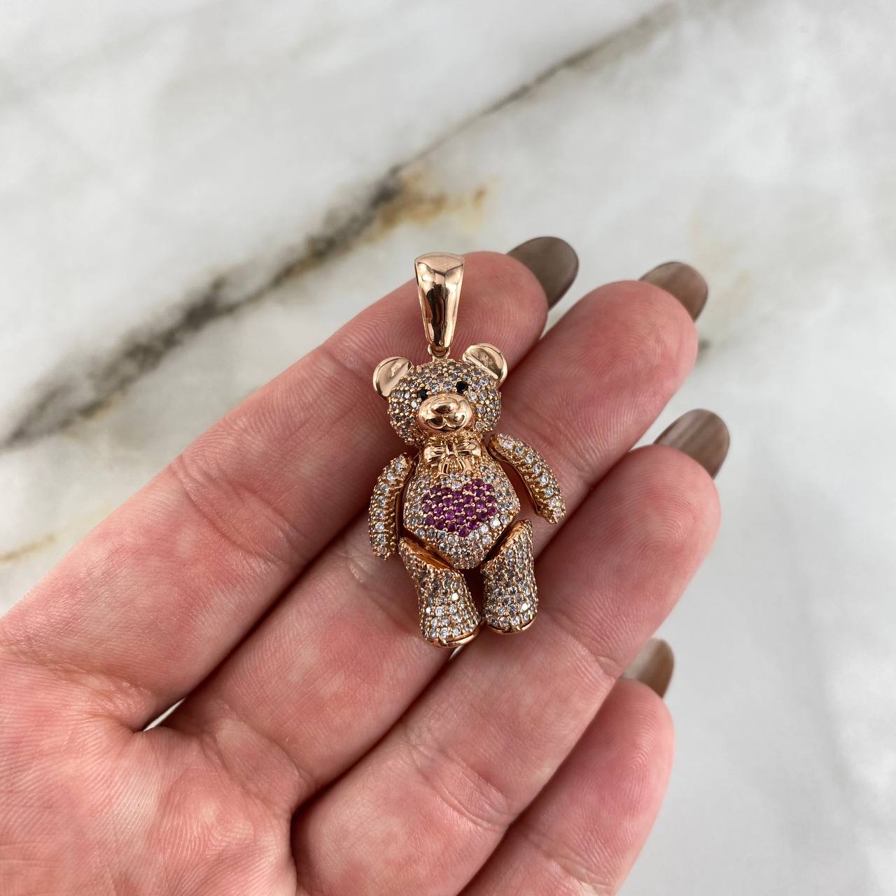 Pendant Articulated Bear Bow Tie Heart 8.35gr / 3.3cm / White Fuchsia Zircons Black Eyes 18K Rose Gold *
