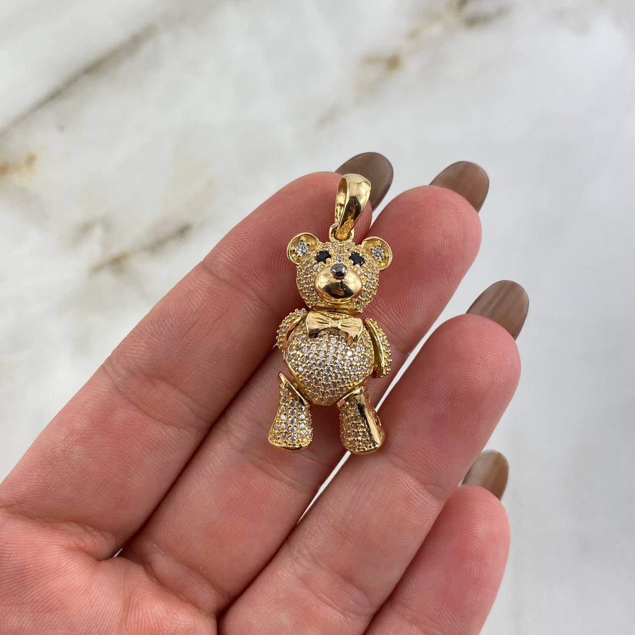 Pendant Articulated Bear Bow Tie 8.7gr / 3.5cm / White Black Zircons Yellow Gold