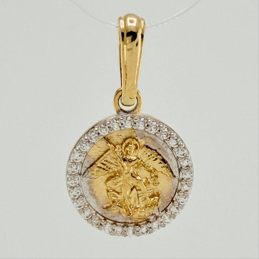 Dije Medalla San Miguel 1.6gr / 3/4 in / Dos Oros Amarillo Blanco 18K %