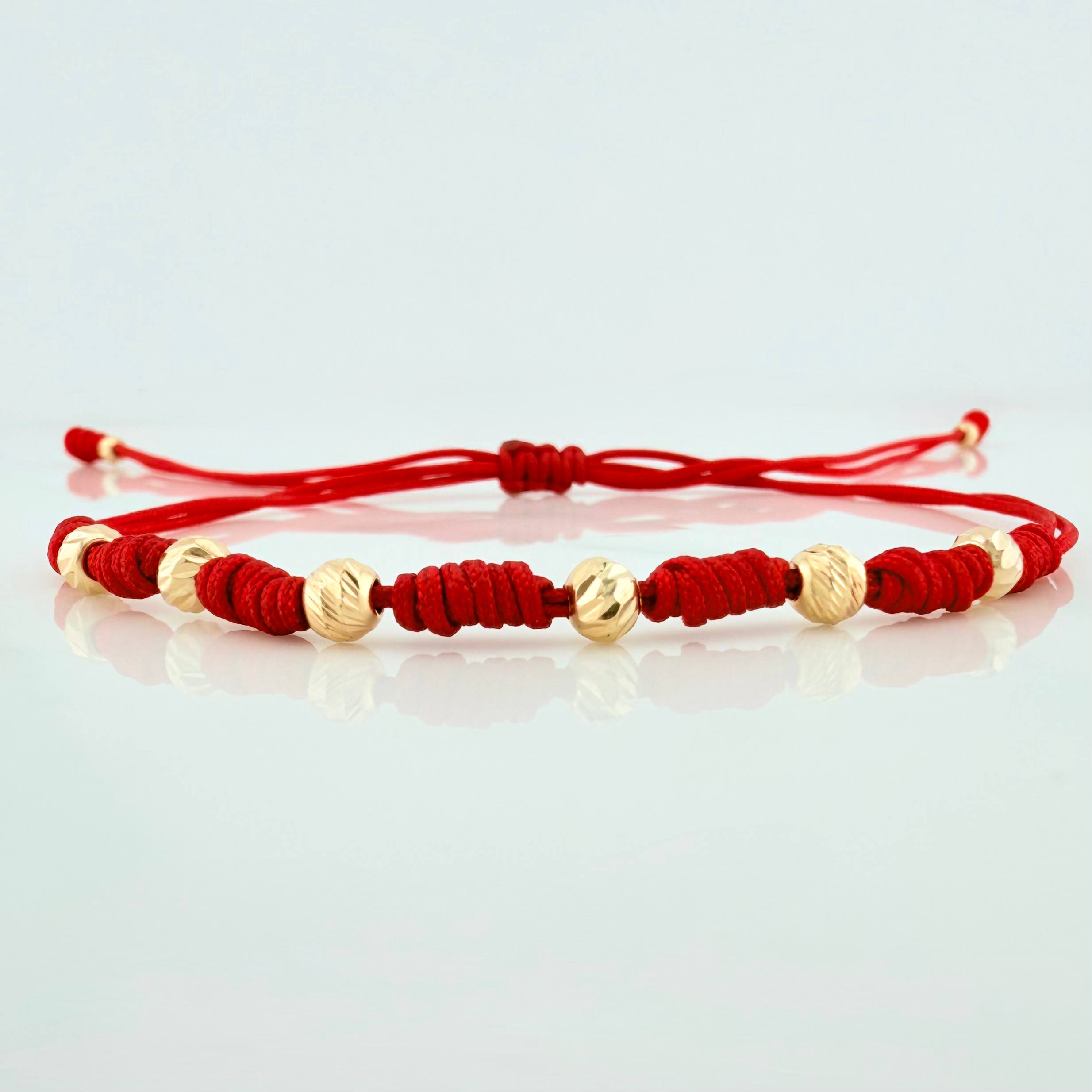 Red Woven Bracelet Yellow Gold 18K Diamond Cut Beads
