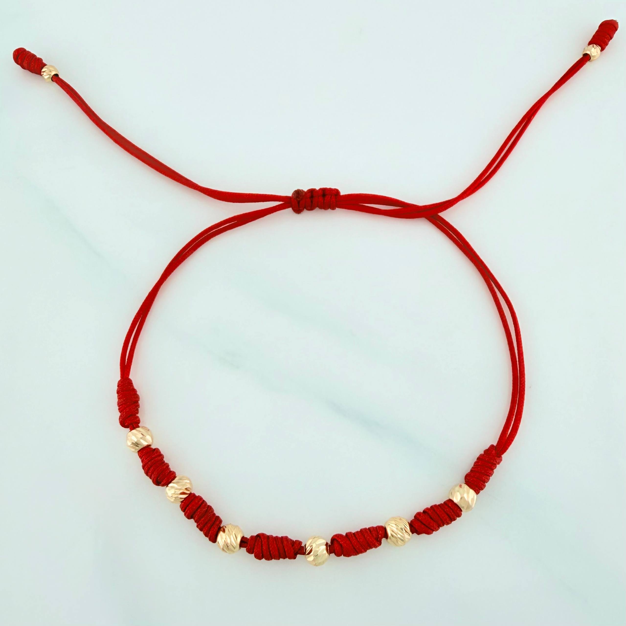 Red Woven Bracelet Yellow Gold 18K Diamond Cut Beads