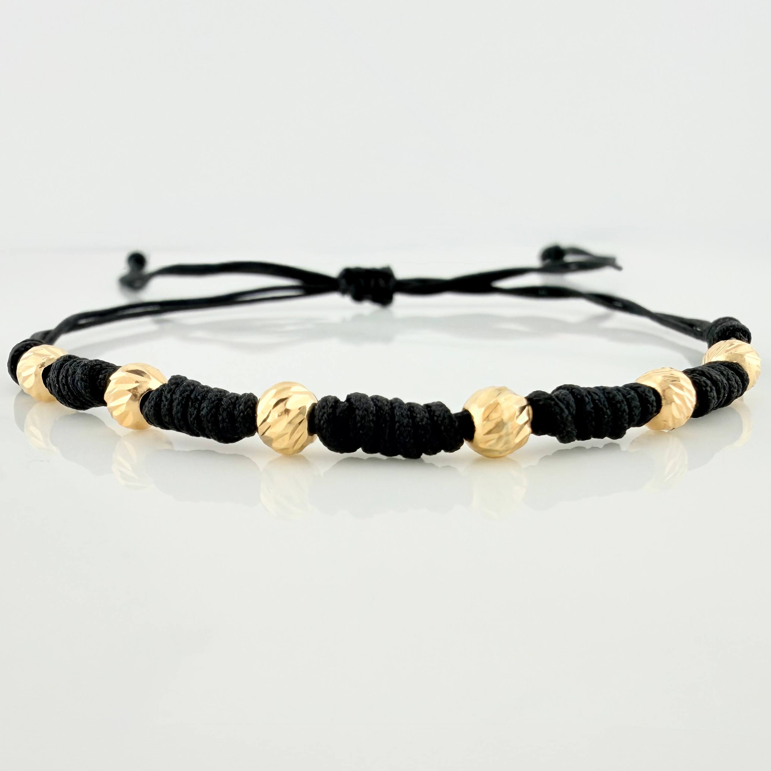 Black Woven Bracelet Yellow Gold 18K Diamond Cut Beads