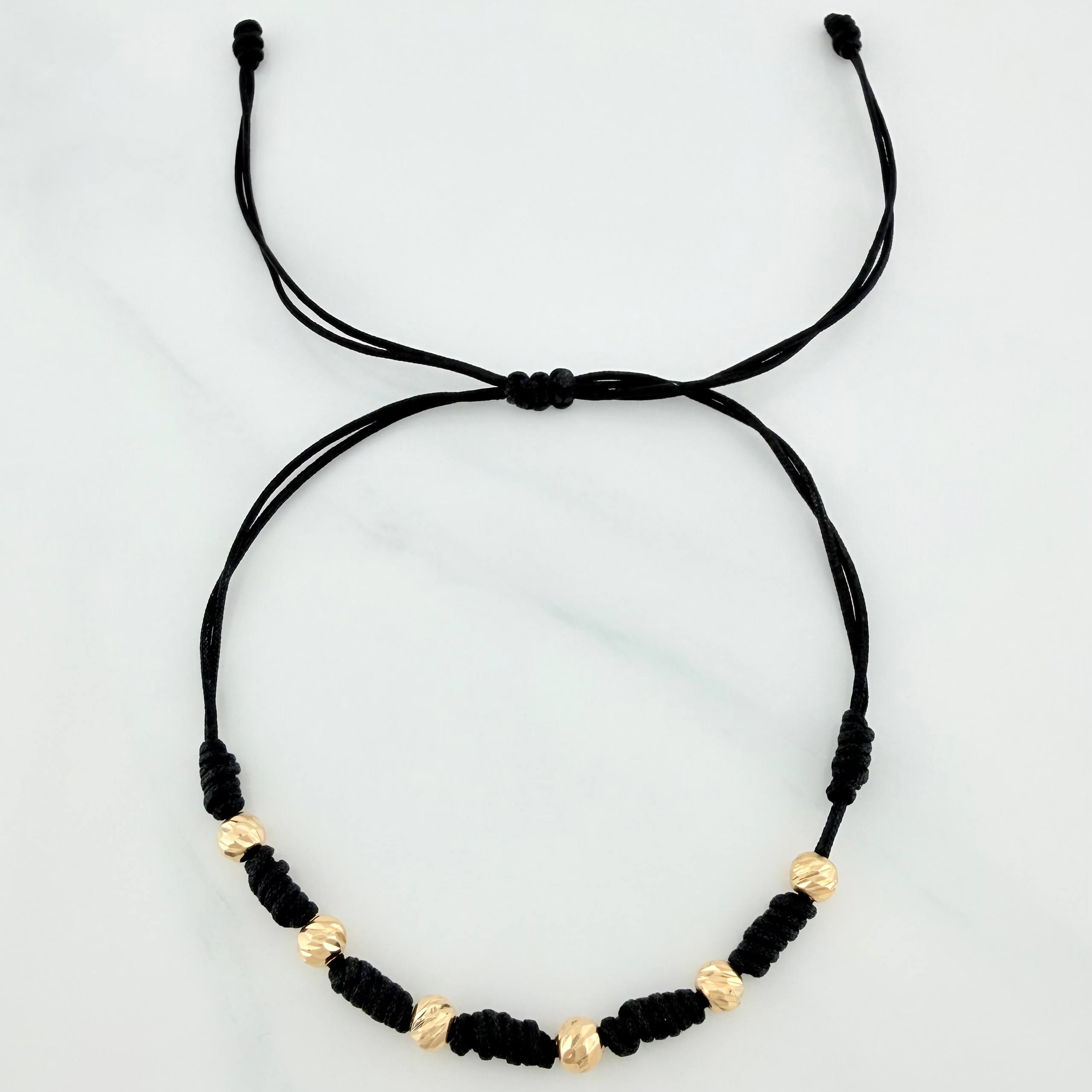 Black Woven Bracelet Yellow Gold 18K Diamond Cut Beads