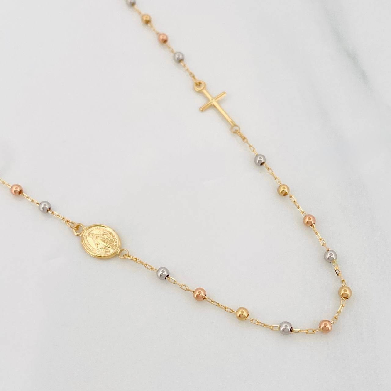 Cadena Denario Virgen Milagrosa Cruz 2.75g / 18 in / 2.2mm Tres Oros 18K