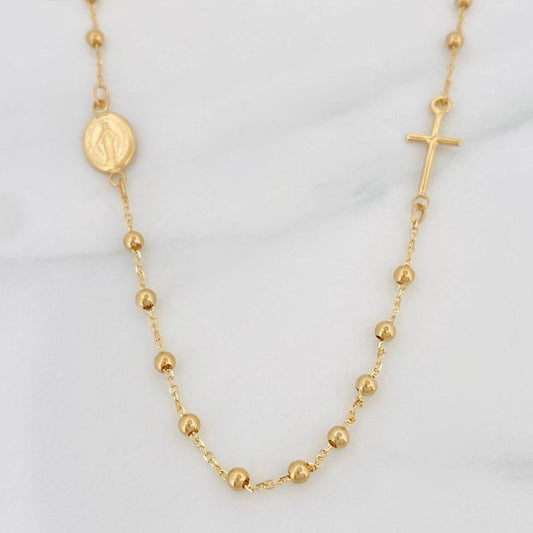 Cadena Denario Virgen Milagrosa Cruz 2.7g / 18 in / 2.1mm Oro Amarillo 18K