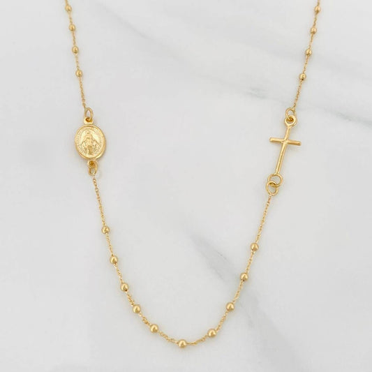 Cadena Denario Virgen Milagrosa Cruz 2.25g / 18 in / 1.5mm Oro Amarillo 18K
