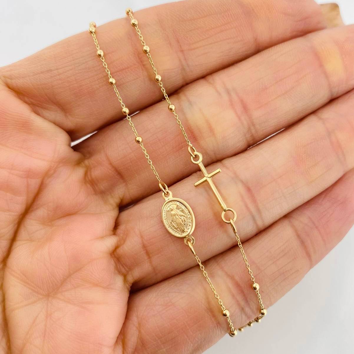 Cadena Denario Virgen Milagrosa Cruz 2.25g / 18 in / 1.5mm Oro Amarillo 18K
