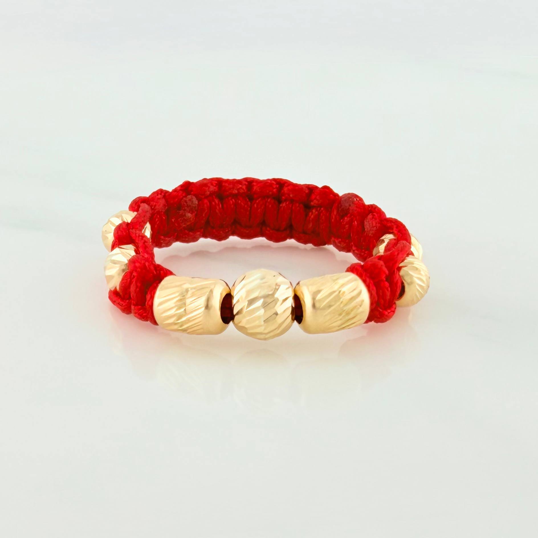 Anillo Tejido Rojo Bolas Diamantados 0.6 g / T8 Oro Amarillo 18K (A.C)