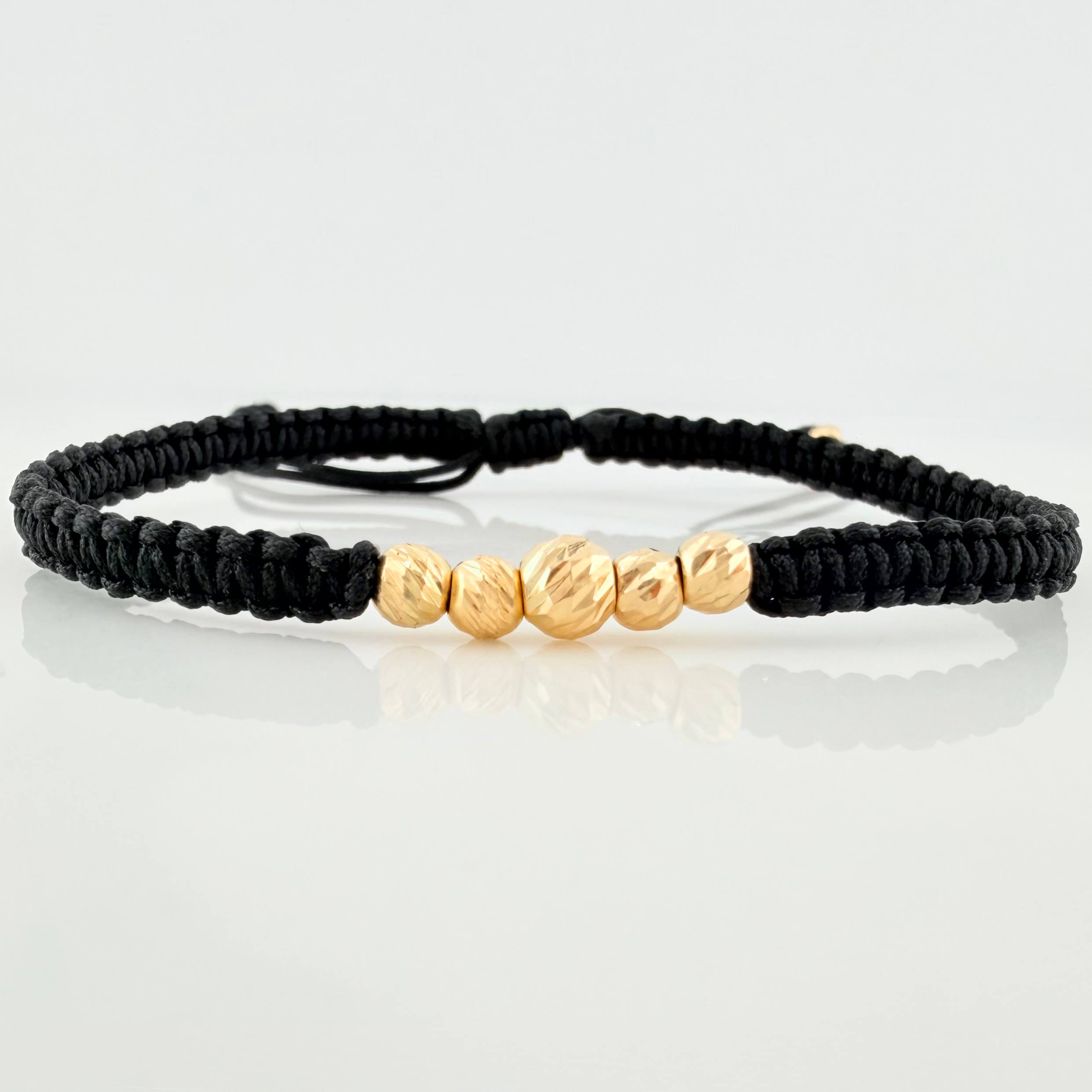 Pulsera Tejida Negra Bolas Diamantadas Oro Amarillo 18K