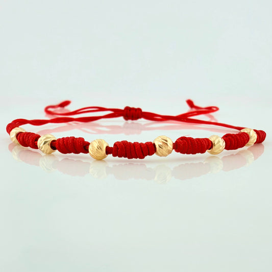 Pulsera Tejida Roja Bolas Diamantadas 4 Mm Oro Amarillo  6 und 18K (A.C)