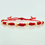 Red Woven Bracelet 4mm Diamond Cut Beads 6 pcs Yellow Gold 18K (A.C)