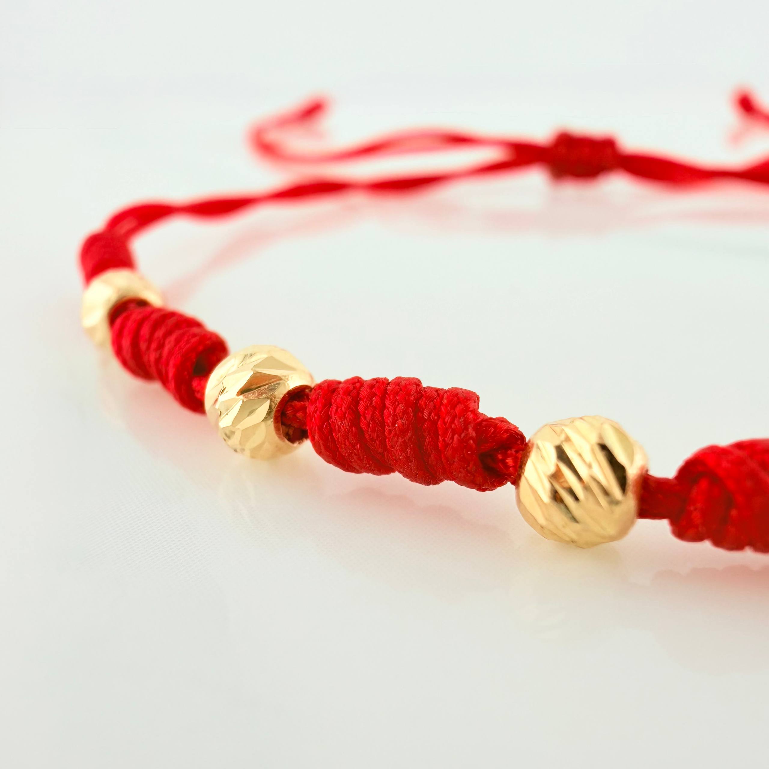 Red Woven Bracelet 4mm Diamond Cut Beads 6 pcs Yellow Gold 18K (A.C)