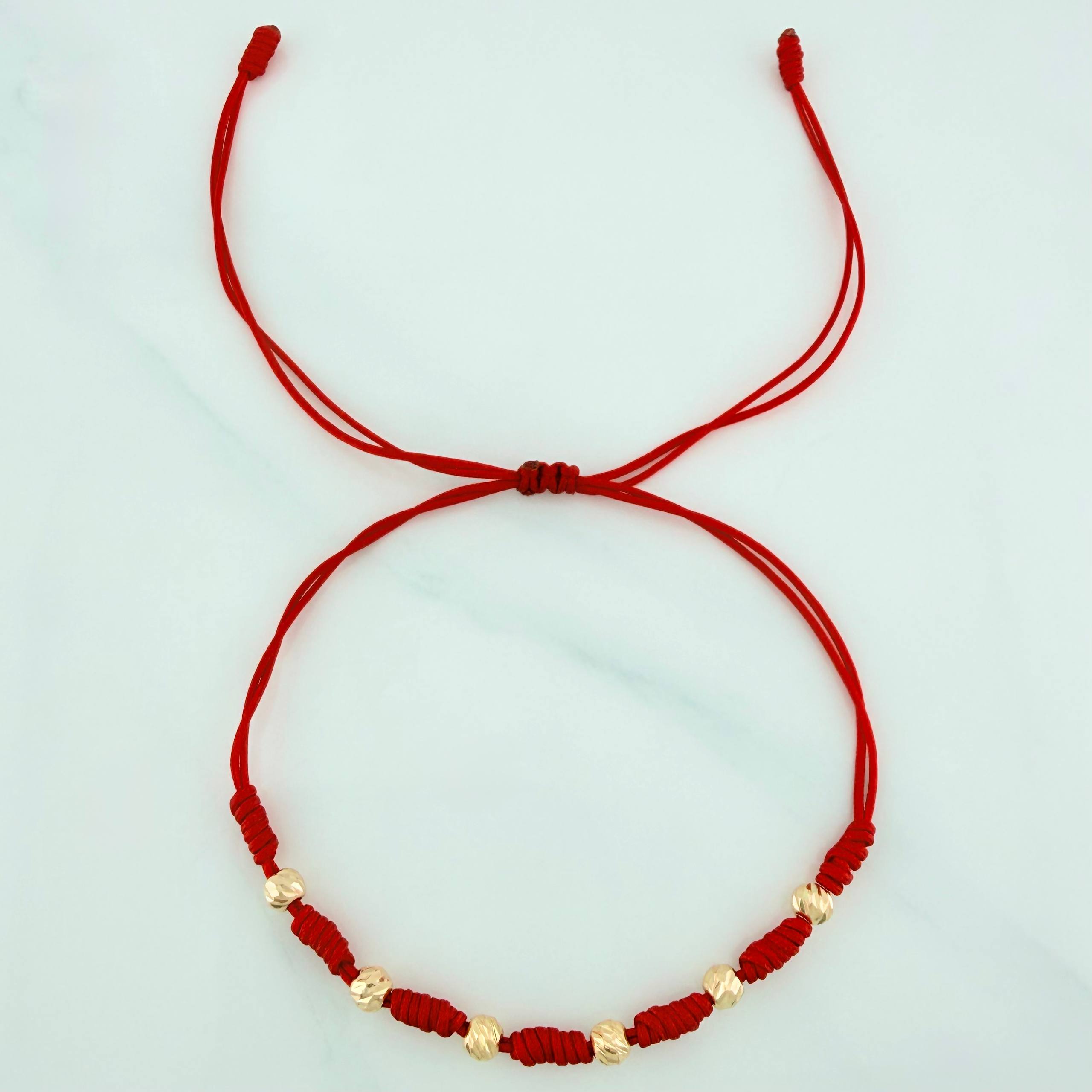 Red Woven Bracelet 4mm Diamond Cut Beads 6 pcs Yellow Gold 18K (A.C)