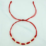 Red Woven Bracelet 4mm Diamond Cut Beads 6 pcs Yellow Gold 18K (A.C)