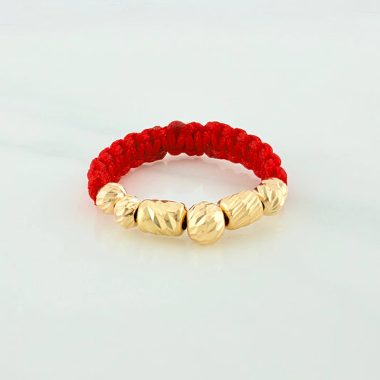 Anillo Tejido Rojo Bolas Diamantados 0.65 g / T9 Oro Amarillo 18K (A.C)