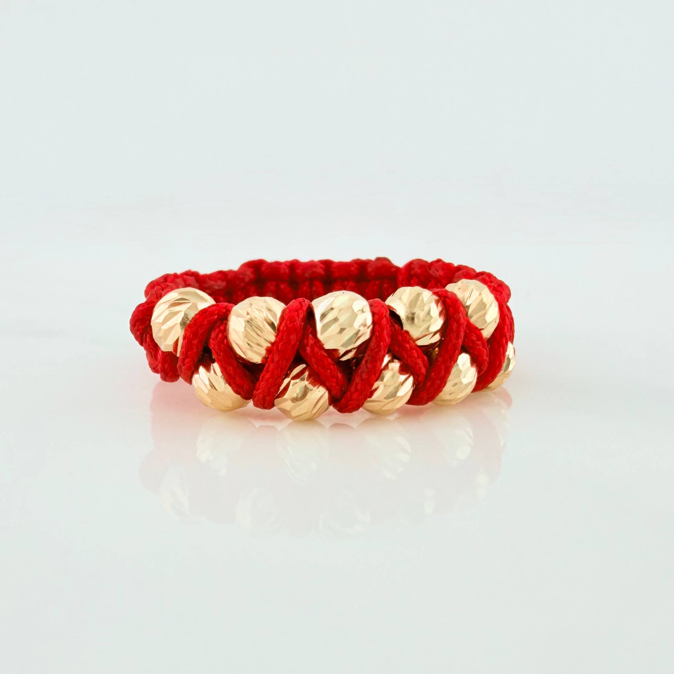 Anillo Tejido Rojo Bolas Diamantados 0.6 g / T8 Oro Amarillo 18K (A.C)