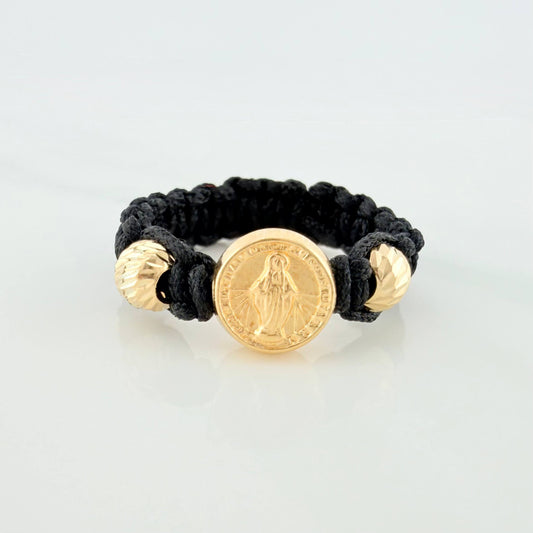Anillo Tejido Negro Herraje Virgen Milagrosa 0.65 g / T8 Oro Amarillo 18K (A.B)