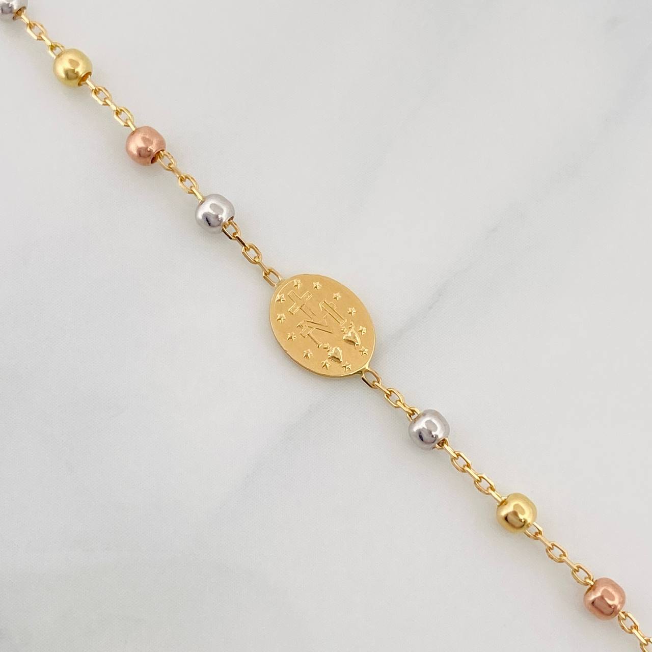 Cadena Denario Virgen Milagrosa Cruz 3.65g / 18 in / 2.5mm Tres Oros 18K