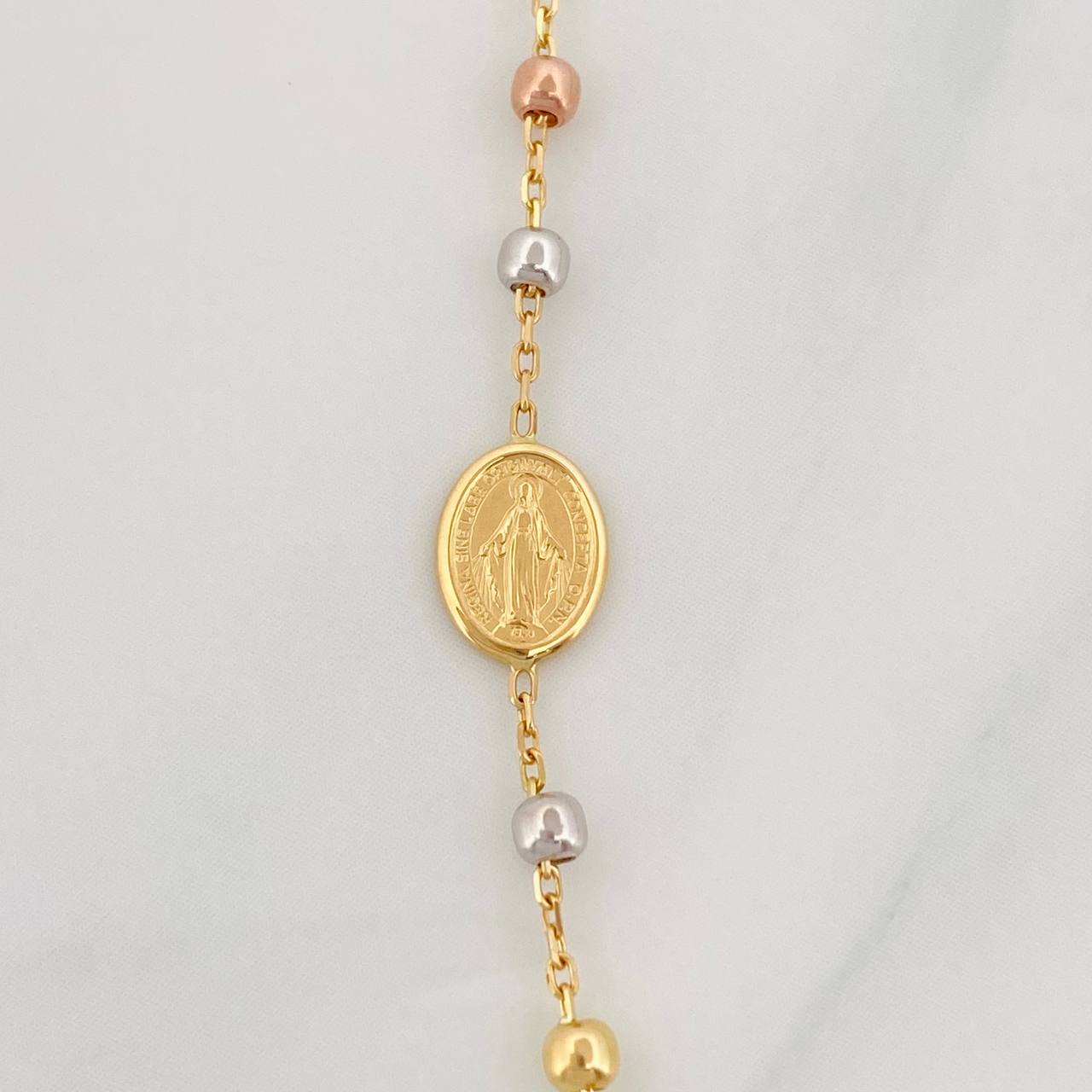 Cadena Denario Virgen Milagrosa Cruz 3.65g / 18 in / 2.5mm Tres Oros 18K
