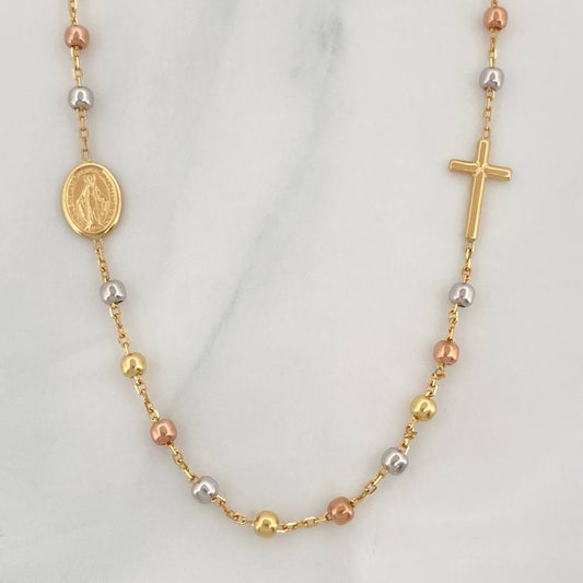 Cadena Denario Virgen Milagrosa Cruz 3.65g / 18 in / 2.5mm Tres Oros 18K
