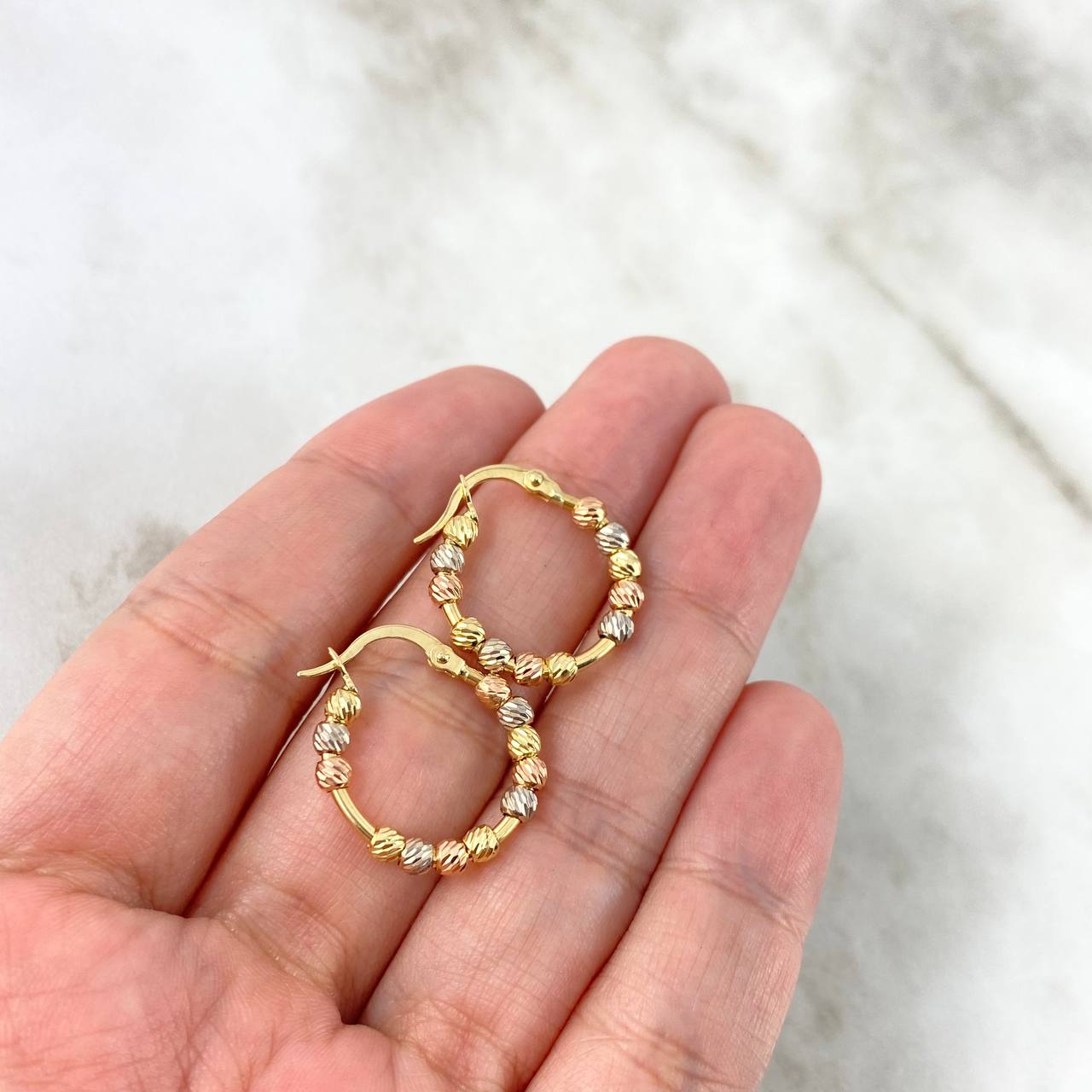 Hoop Earrings Hoop 2.05gr / 2cm / 3mm Beads Diamond Cut Three 18K Golds ©