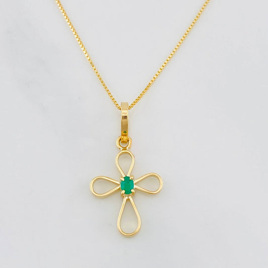 Set Cadena Veneciana + Dije Cruz Piedra Centro Esmeralda 0.03pts / 1.45g / 16 in Oro Amarillo 18K