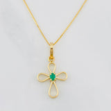 Set Venetian Chain + Pendant Cross with Emerald Center Stone 0.03pts / 1.45g / 15 3/4 in 18K Yellow Gold