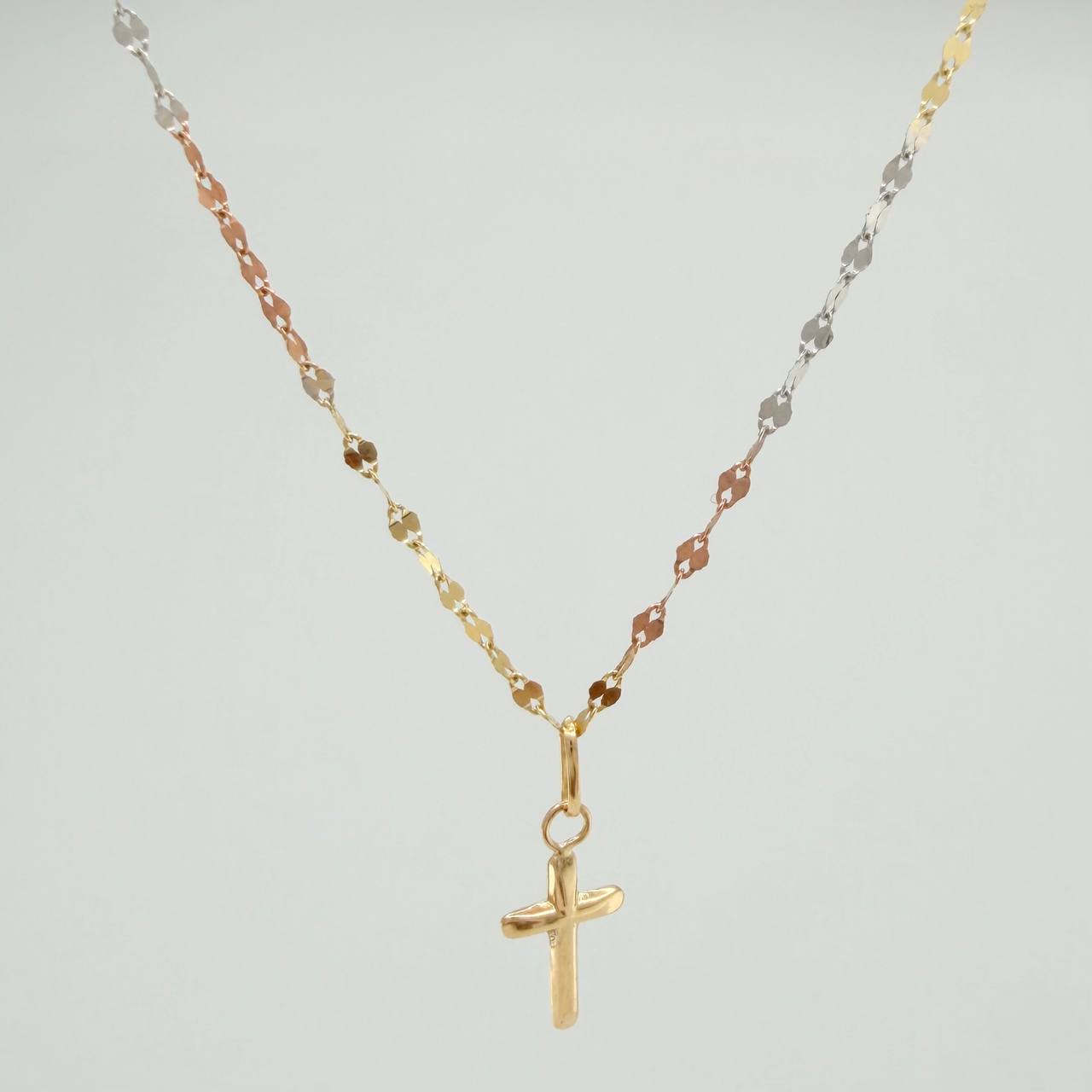 Set Chain and Pendant Mirror Flower + Cross 1.15g / 17 3/4 in / 1.52mm Three Golds 18K $