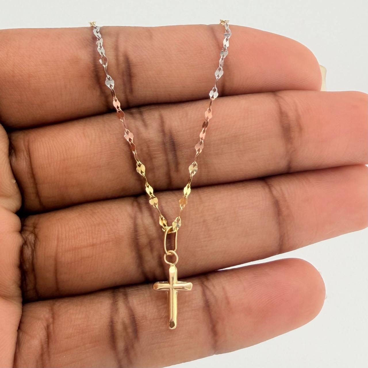 Set Chain and Pendant Mirror Flower + Cross 1.15g / 17 3/4 in / 1.52mm Three Golds 18K $