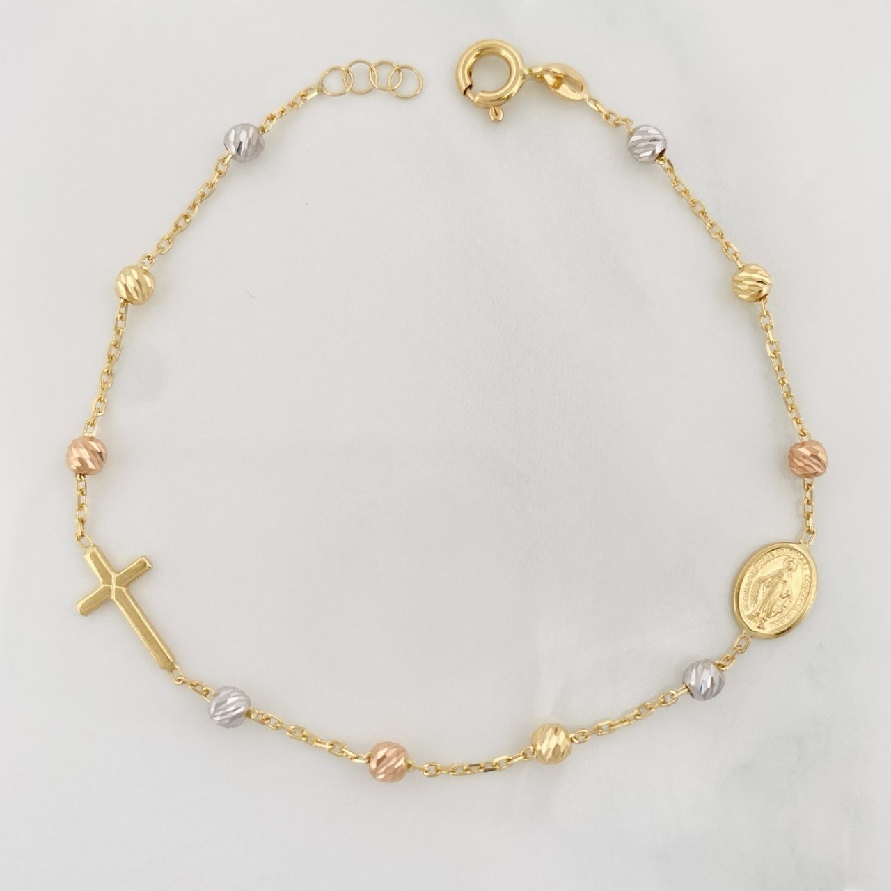 Pulso Modulable Denario Virgen Milagrosa Cruz 1.95g / 6 3/4 in - 6 3/4 in / 3mm Tres Oros 18K