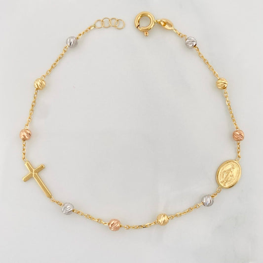 Pulso Modulable Denario Virgen Milagrosa Cruz 1.95g / 6 3/4 in - 6 3/4 in / 3mm Tres Oros 18K