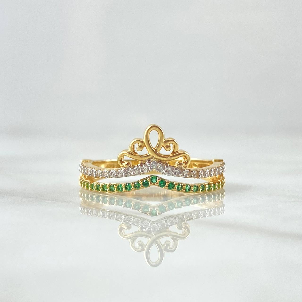 Double Base Tiara Ring 2.75gr / Size 7 / White and Green Zircons 18K Yellow Gold *