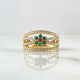 Flower Ring In Bows 4.6gr / Size 7 1/4 / White Zircons Fuchsia Green Yellow Gold 18K *