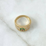 Flower Ring In Bows 4.6gr / Size 7 1/4 / White Zircons Fuchsia Green Yellow Gold 18K *