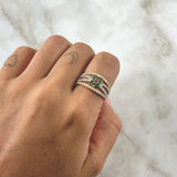 Flower Ring In Bows 4.6gr / Size 7 1/4 / White Zircons Fuchsia Green Yellow Gold 18K *