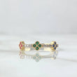 Trio Flower Ring 2.1gr / Size 7 1/2 / White Blue Green Fuchsia Zircons 18K Yellow Gold *