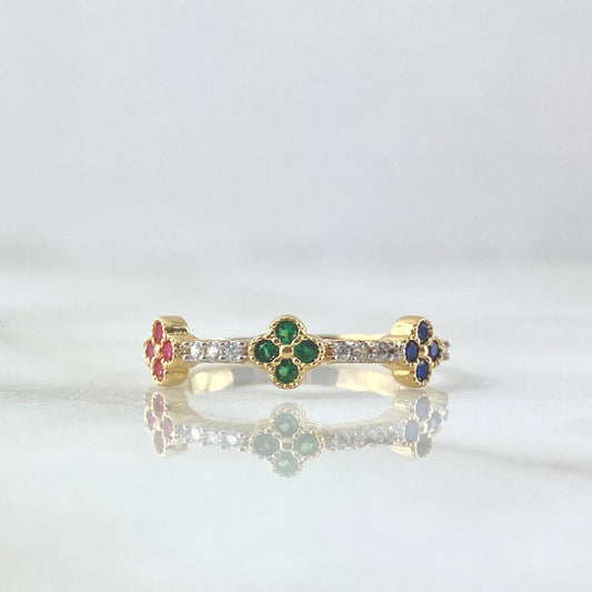 Anillo Trio De Flores 2.1gr / T7 1/2 / Circones Blancos Azul Verde Fucsia Oro Amarillo 18K *