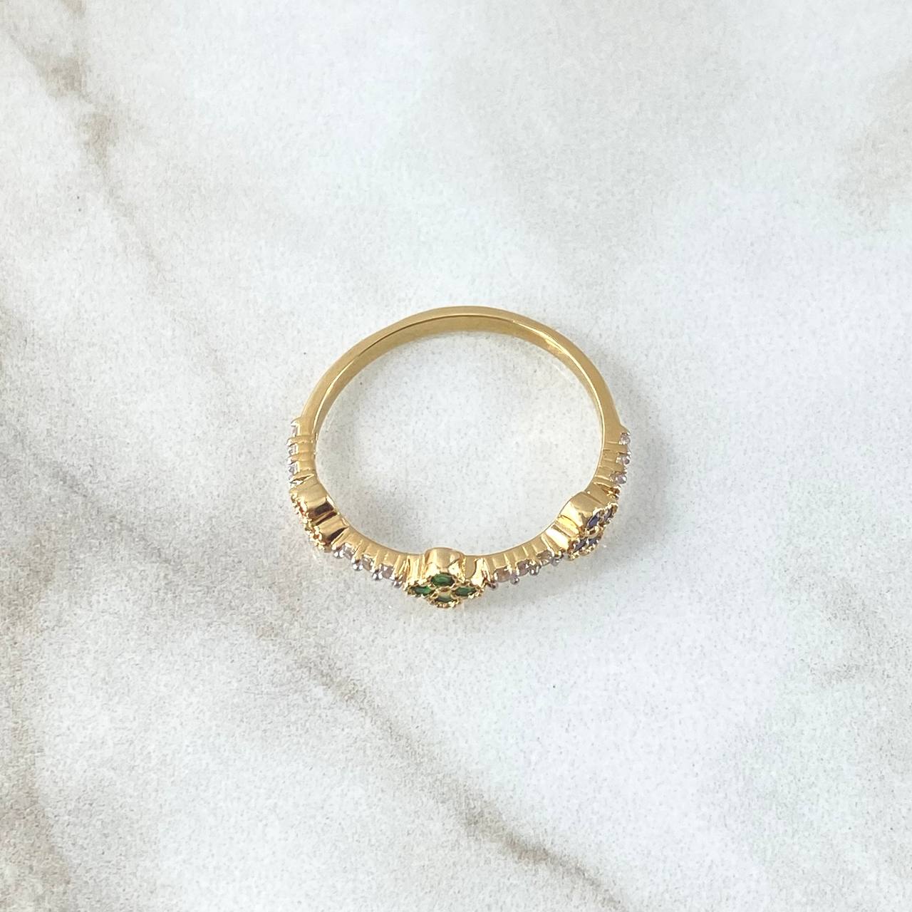 Trio Flower Ring 2.1gr / Size 7 1/2 / White Blue Green Fuchsia Zircons 18K Yellow Gold *