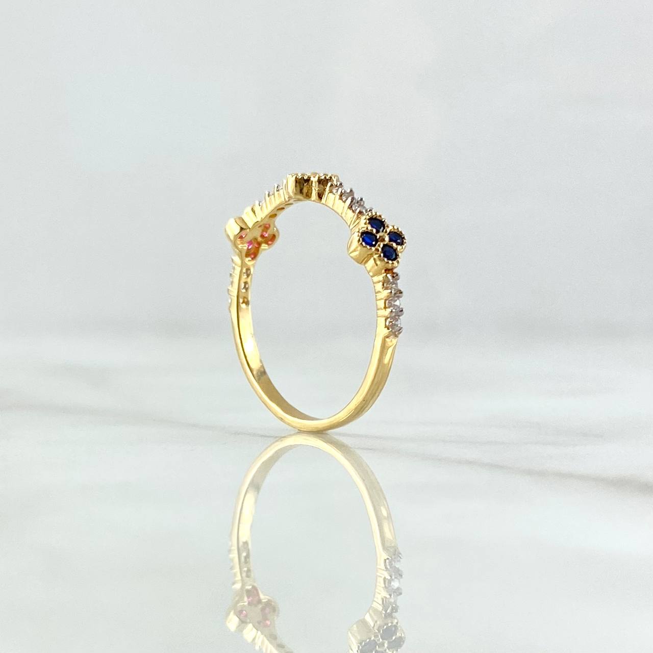 Trio Flower Ring 2.1gr / Size 7 1/2 / White Blue Green Fuchsia Zircons 18K Yellow Gold *