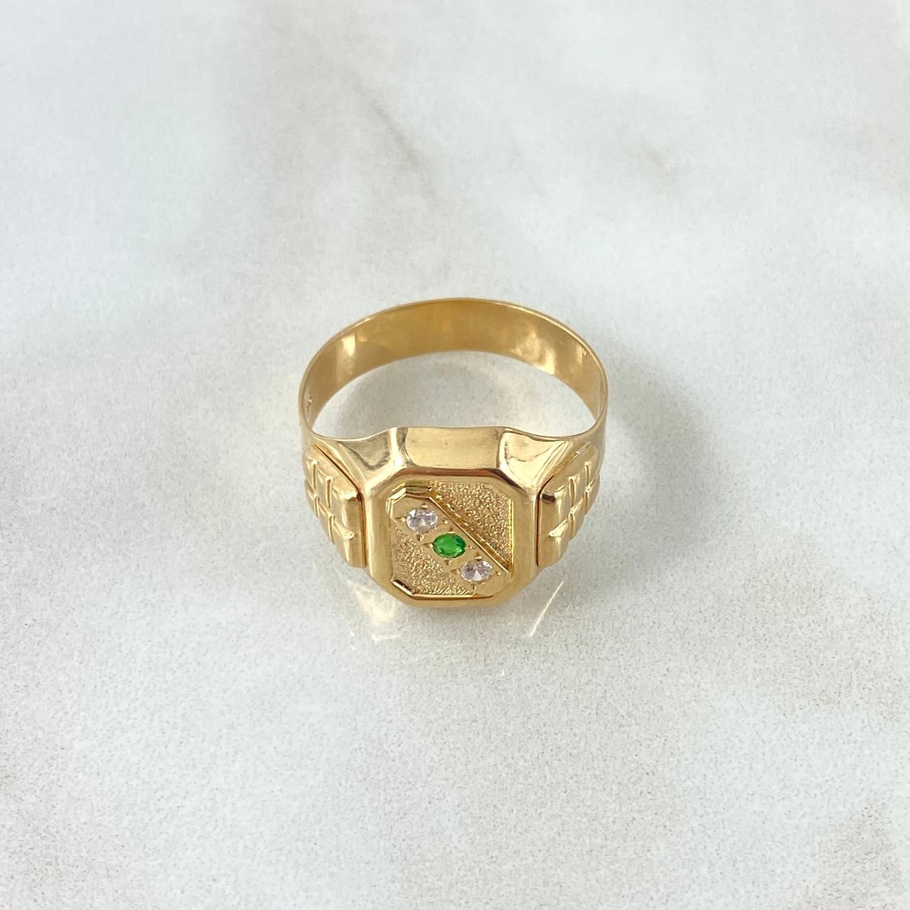 Trinity Signet Ring 4.25gr / Size 11 / White Zircons Green 18K Yellow Gold