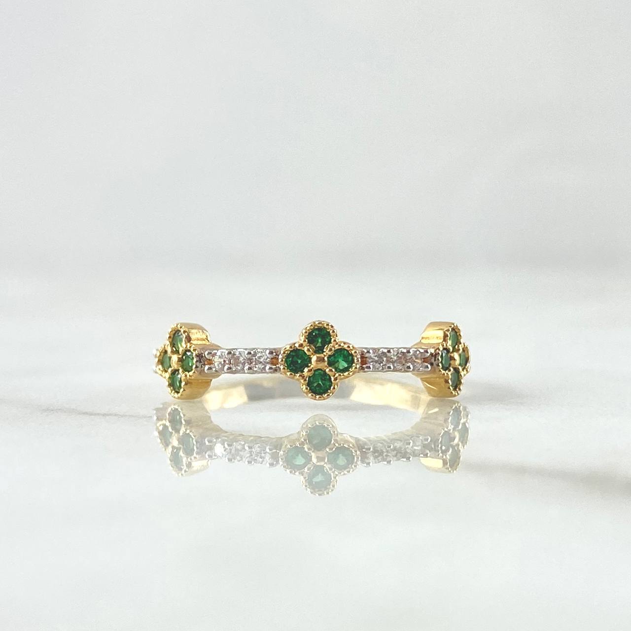 Trio Flower Ring 1.95gr / Size 6 1/4 / White and Green Zircons 18K Yellow Gold