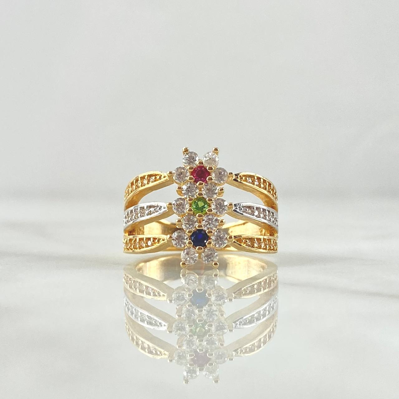 Trio Flower Ring Nevada 4.9gr / Size 6 / White Green Blue Fuchsia Zircons 18K Yellow Gold