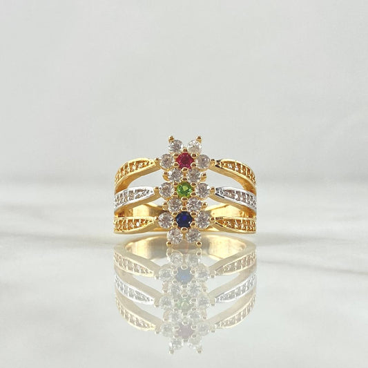 Trio Flower Ring Nevada 4.9gr / Size 6 / White Green Blue Fuchsia Zircons 18K Yellow Gold